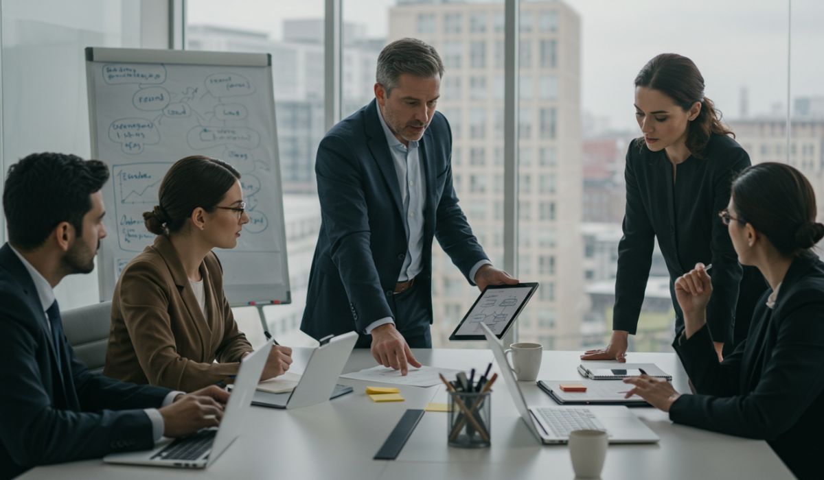 Een gefocuste zakelijke vergadering in een modern kantoor, waar deelnemers strategieën bespreken over laptops en een tablet, met notities op de tafel, gerelateerd aan interim opdrachten overheid.