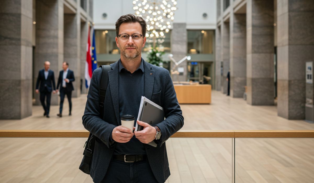 A man in a blazer holds a coffee cup and a laptop in a modern, spacious overheid lobby with a chandelier and flags in the background.